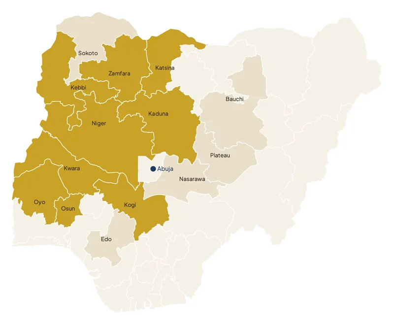 Map of Nigeria with the principal gold-belt states shaded gold, other states with reported gold in sand, and Abuja marked